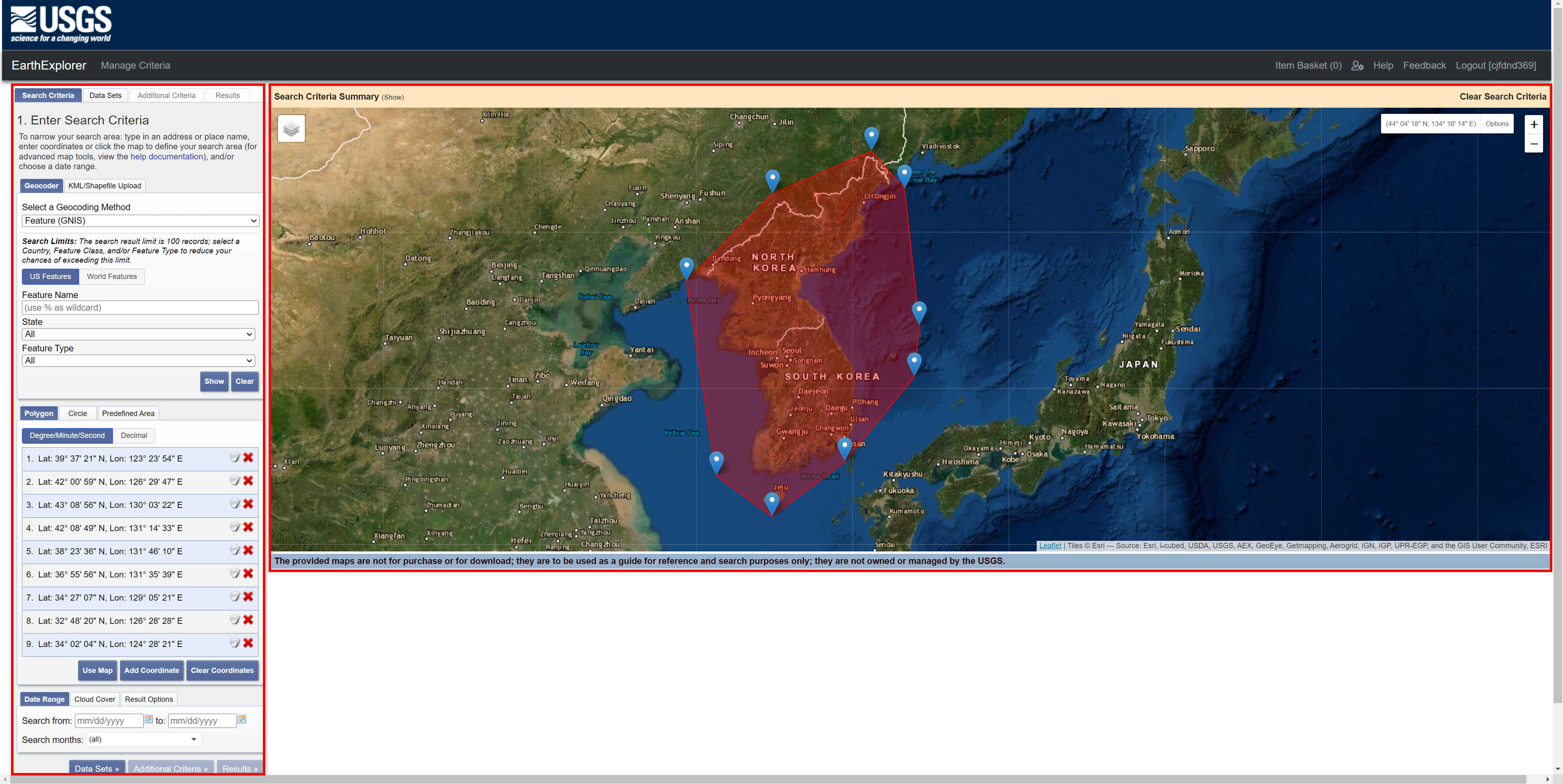 USGS Polygon Selection Screen