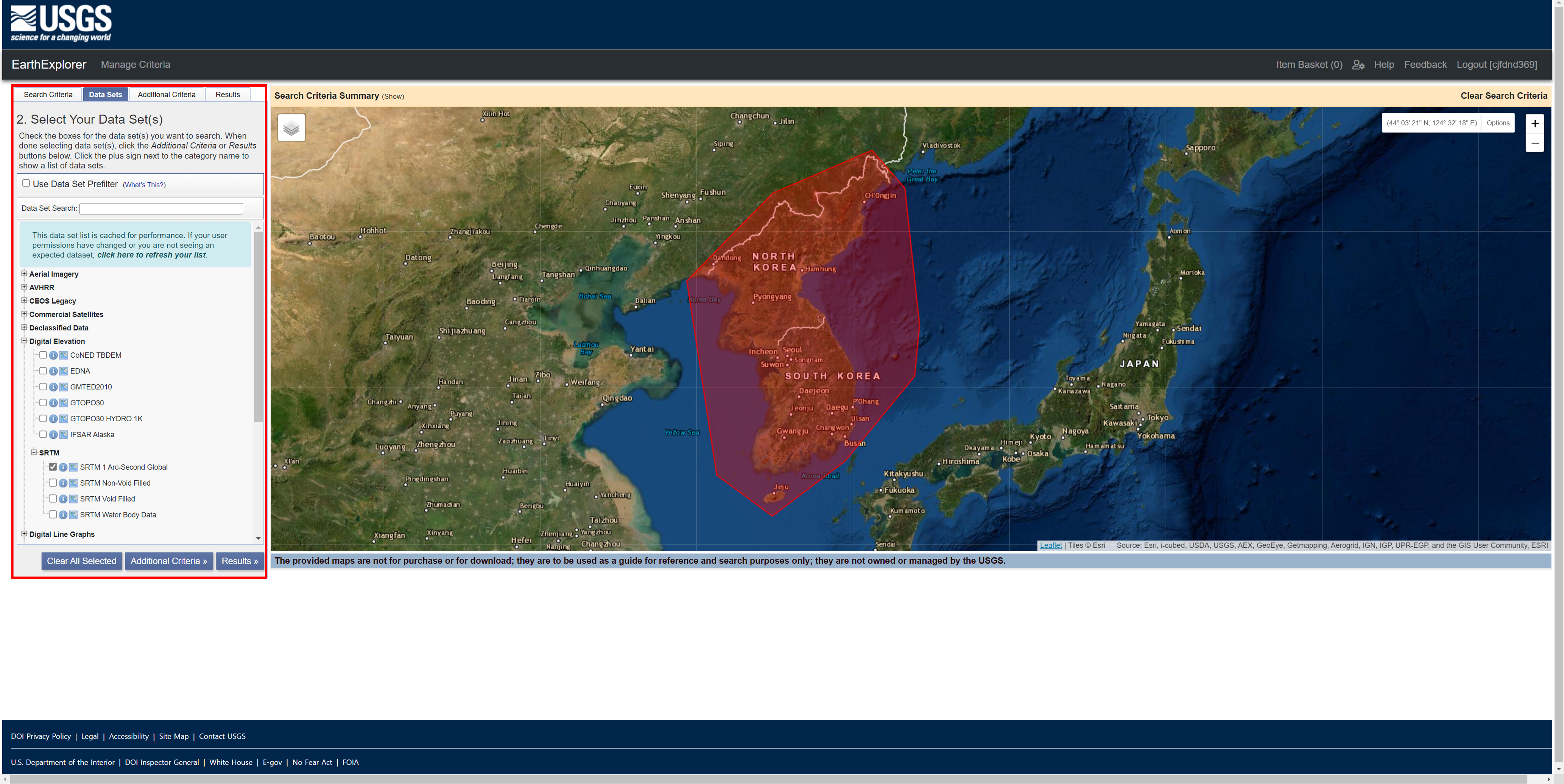 USGS Dats Sets Selection Screen